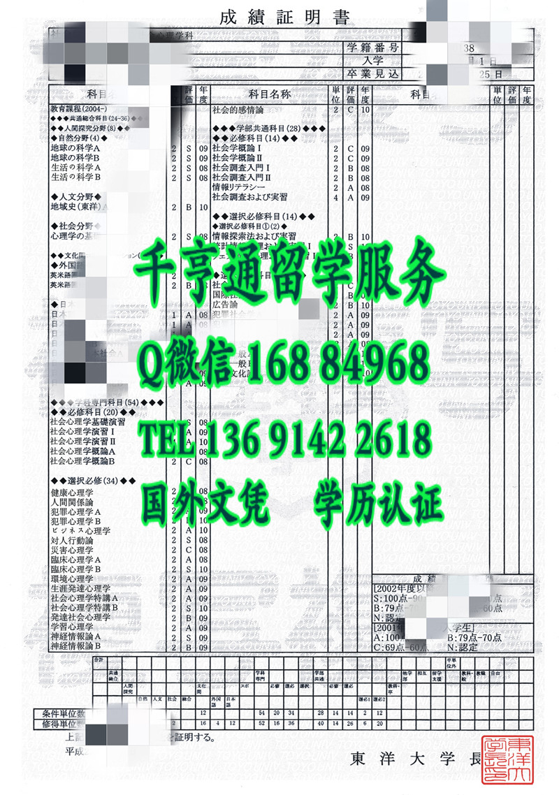 日本东洋大学成绩单样本，Toyo University transcript