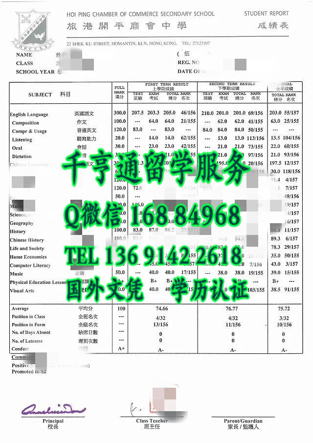 香港旅港开平商会中学成绩单，Hoi Ping Chamber of Commerce Secondary School transcript