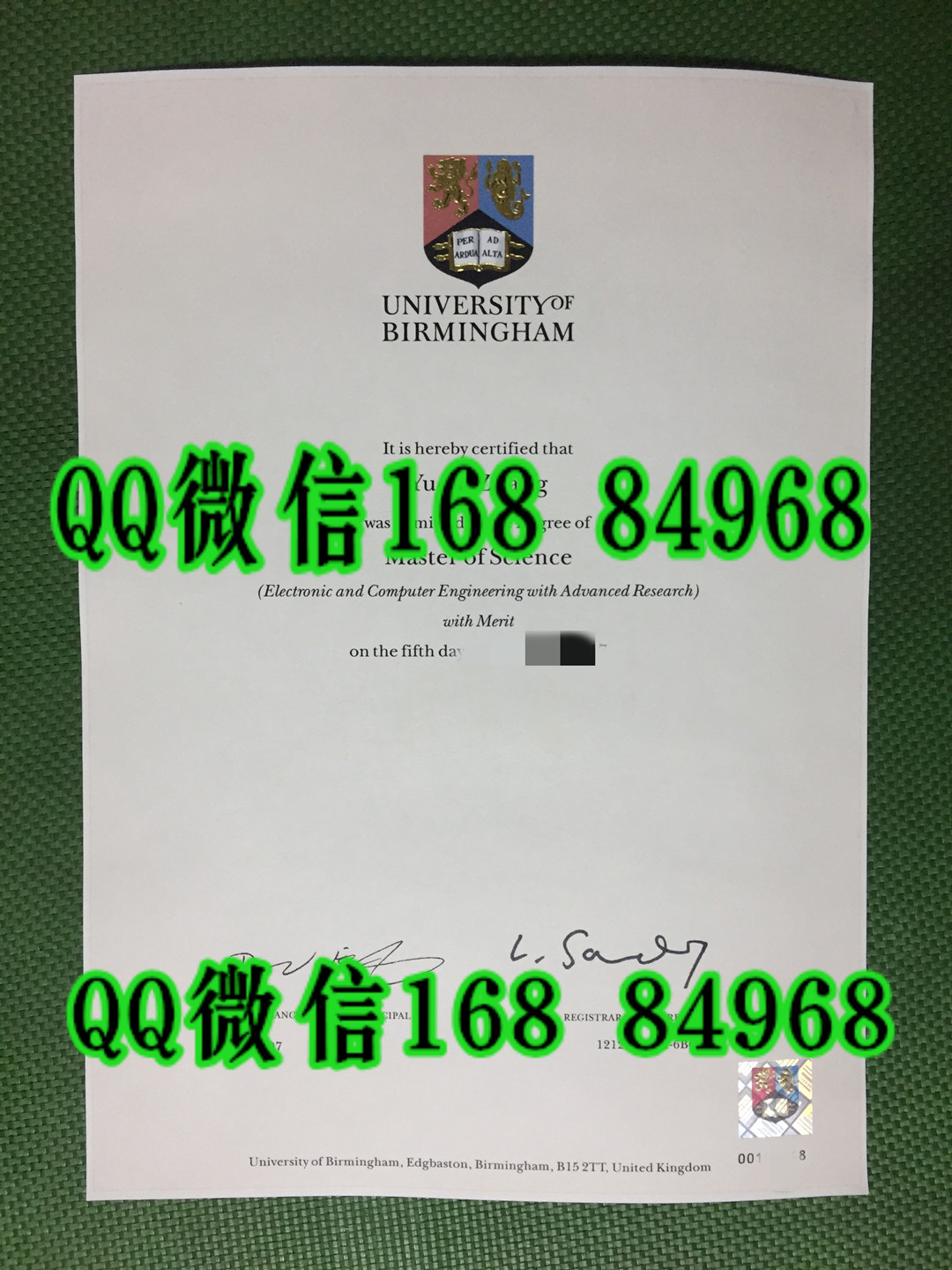 伯明翰大学学位毕业证凹凸烫金LOGO正反面实拍，University of Birmingham degree