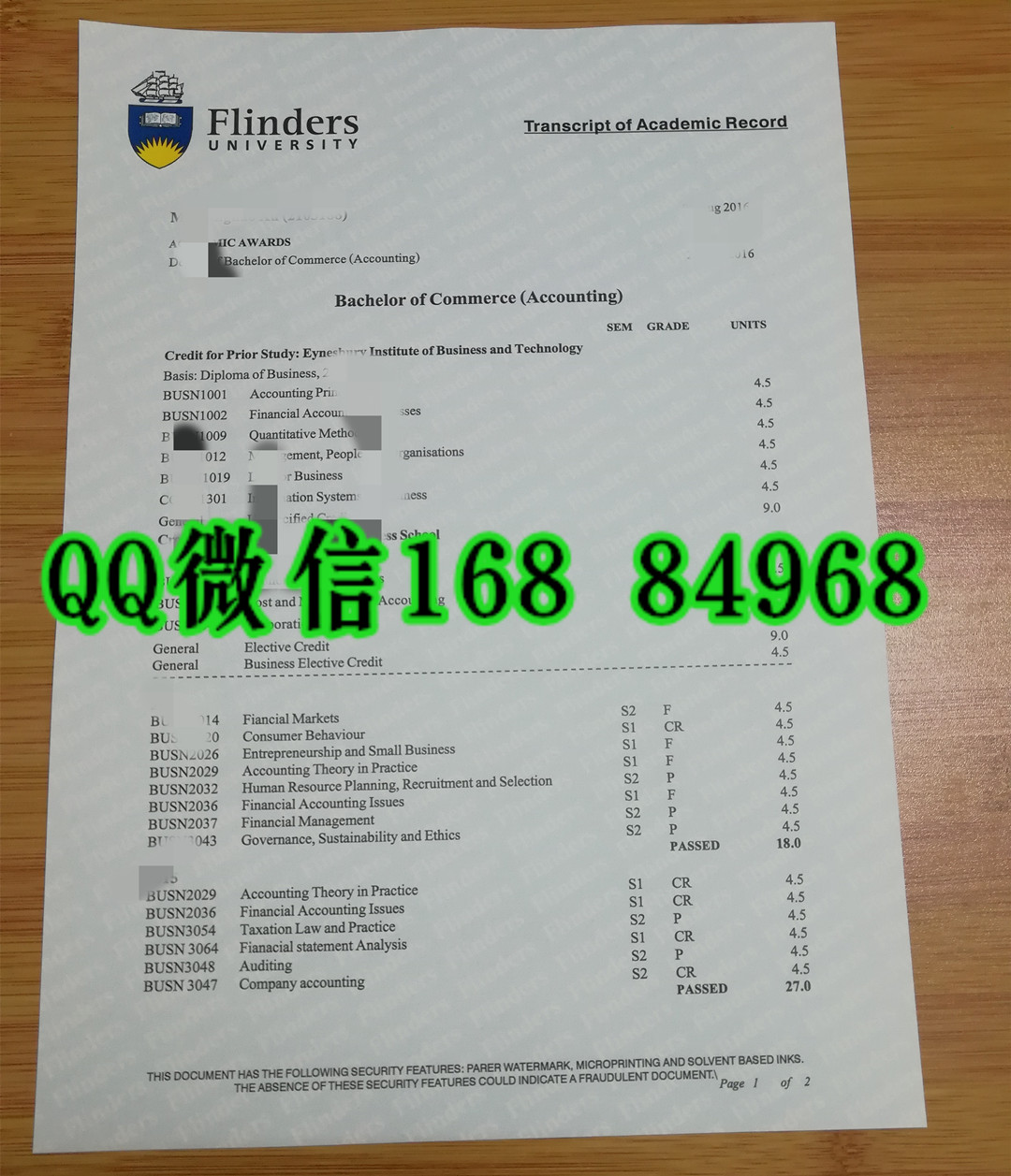 澳洲弗林德斯大学成绩单实拍正反面，flinders university transcript