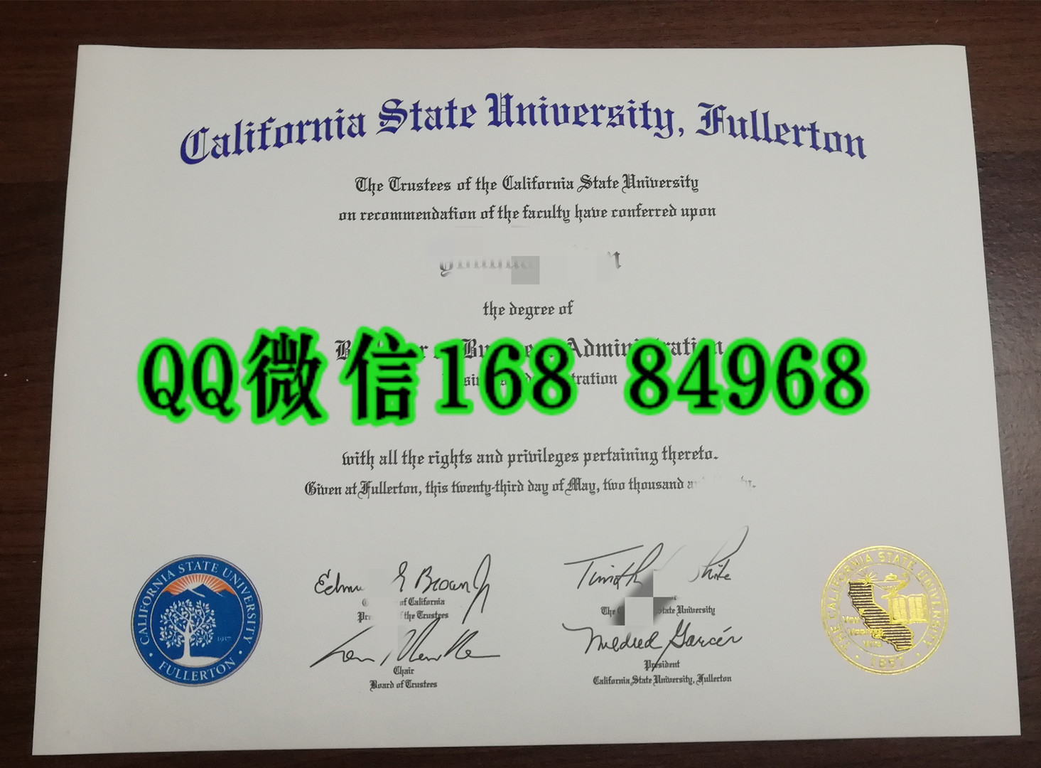 加州州立大学富尔顿分校毕业证图片，California State University, Fullerton diploma degree