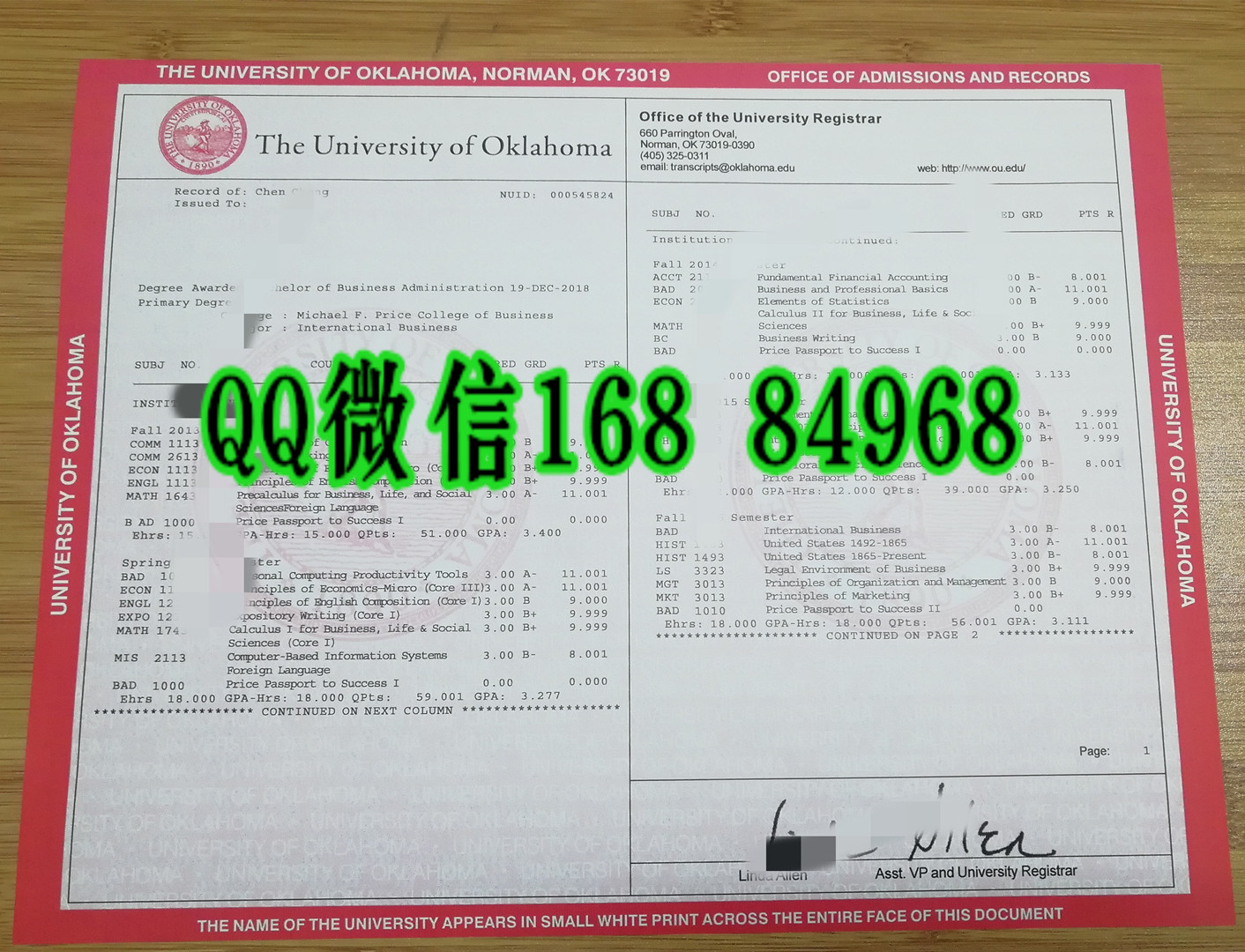 美国俄克拉荷马大学成绩单制作，University of Oklahoma transcript