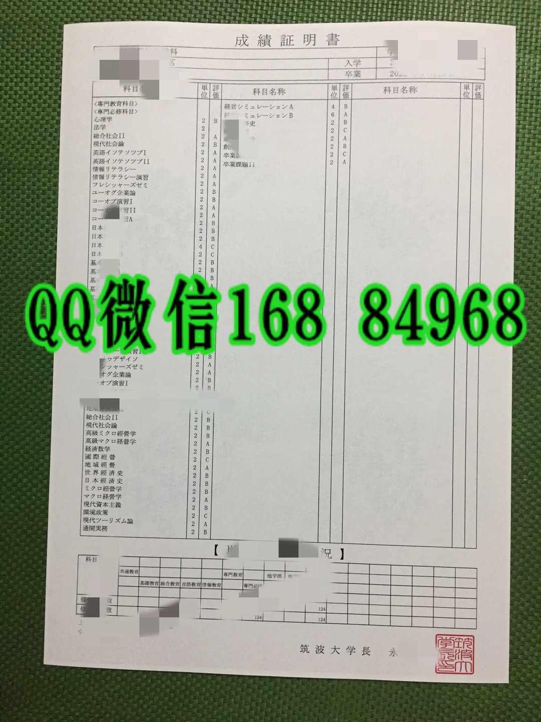 日本筑波大学成绩单样本，日本成绩单印刷，日本成绩单模版