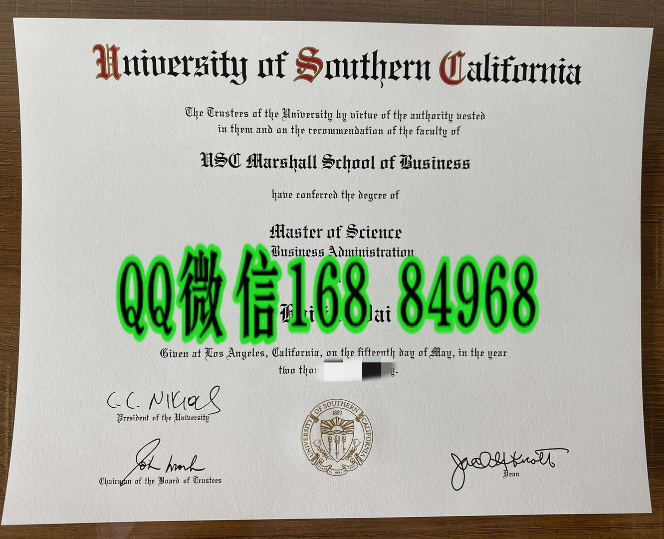 美国南加州大学USC毕业证，University of Southern diploma certificate