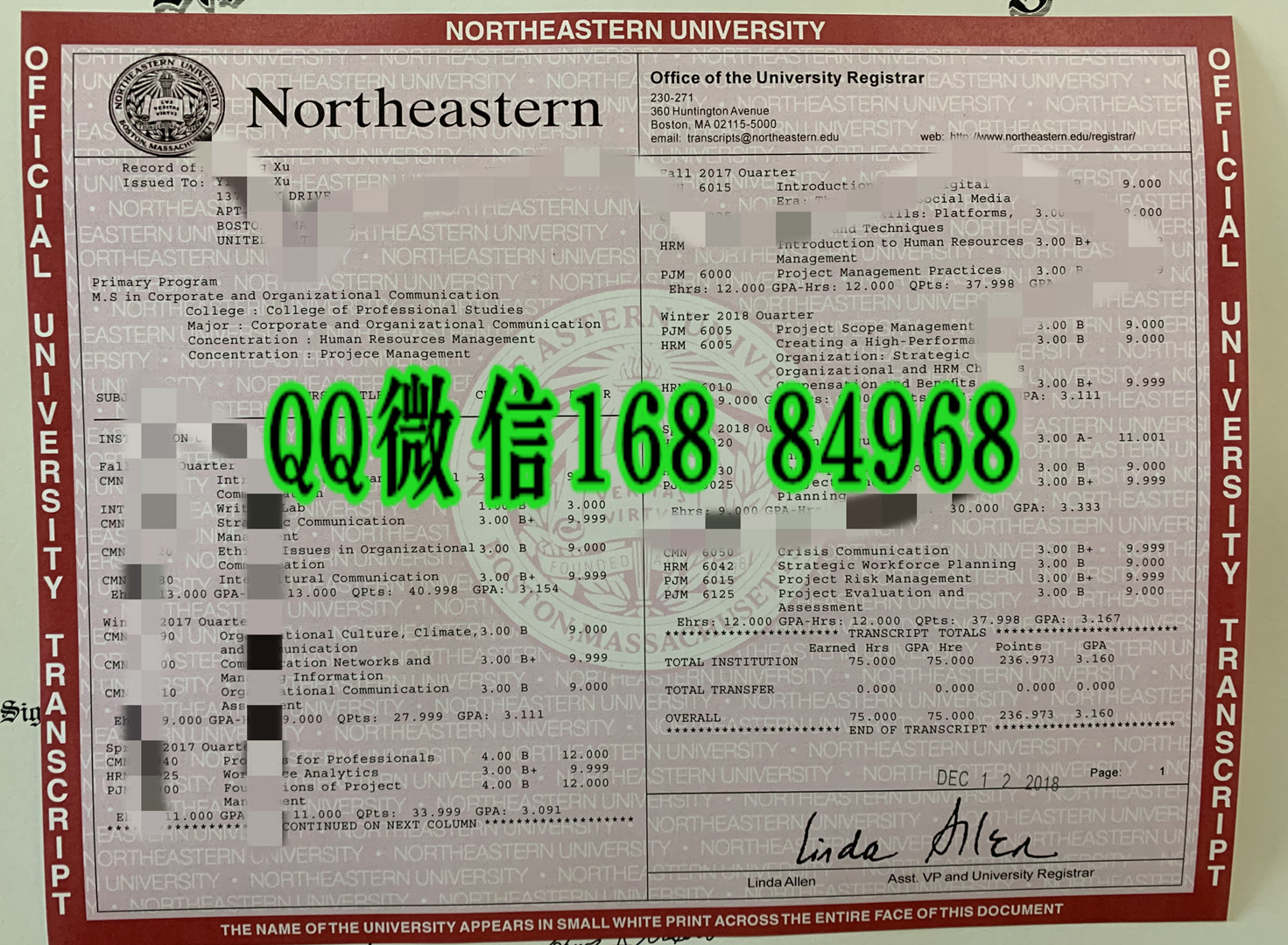 美国东北大学毕业证成绩单留信网认证，northeastern university diploma certificate