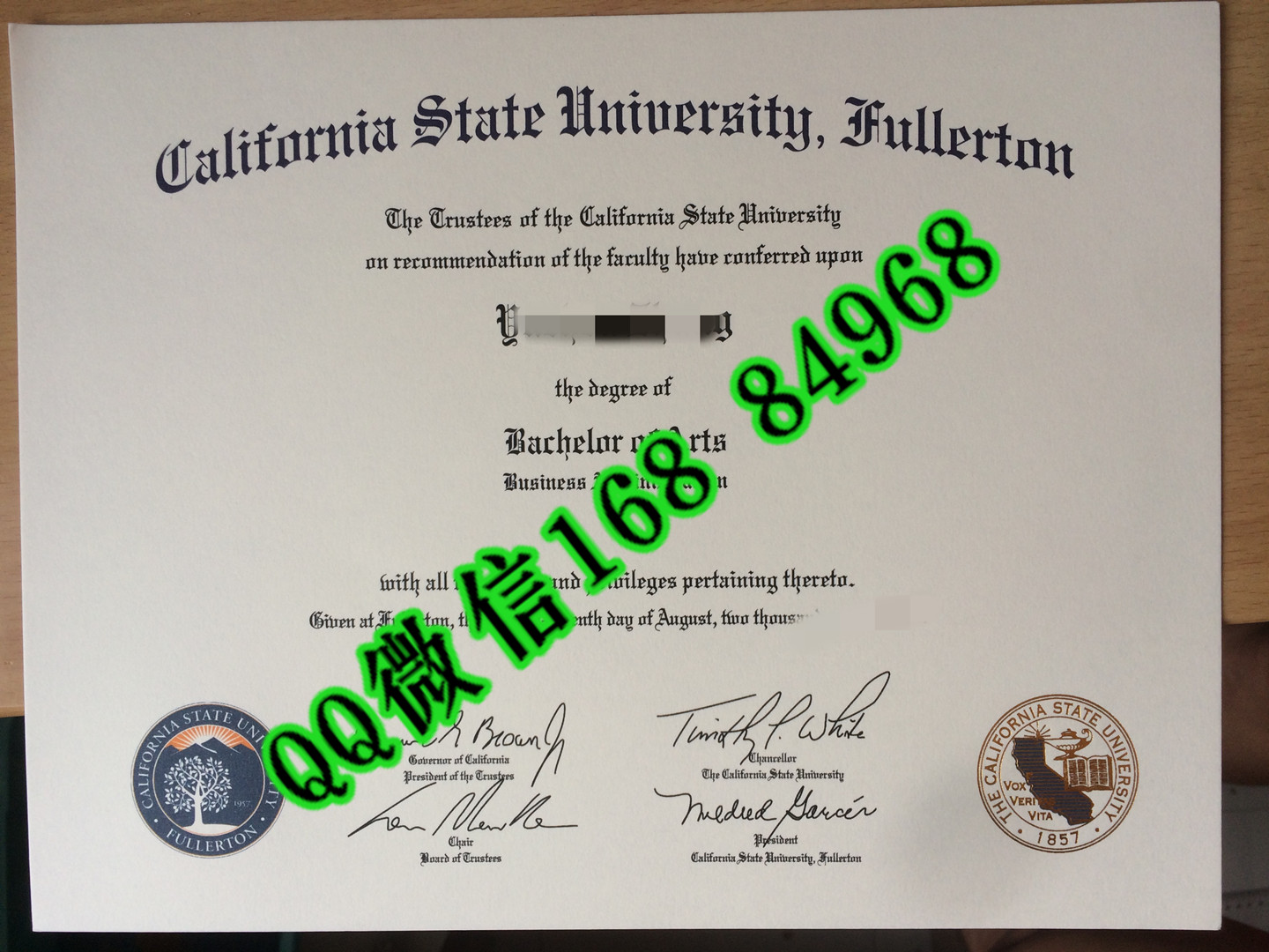 美国加州州立大学富勒顿分校毕业证成绩单，美国大学毕业证成绩单样本