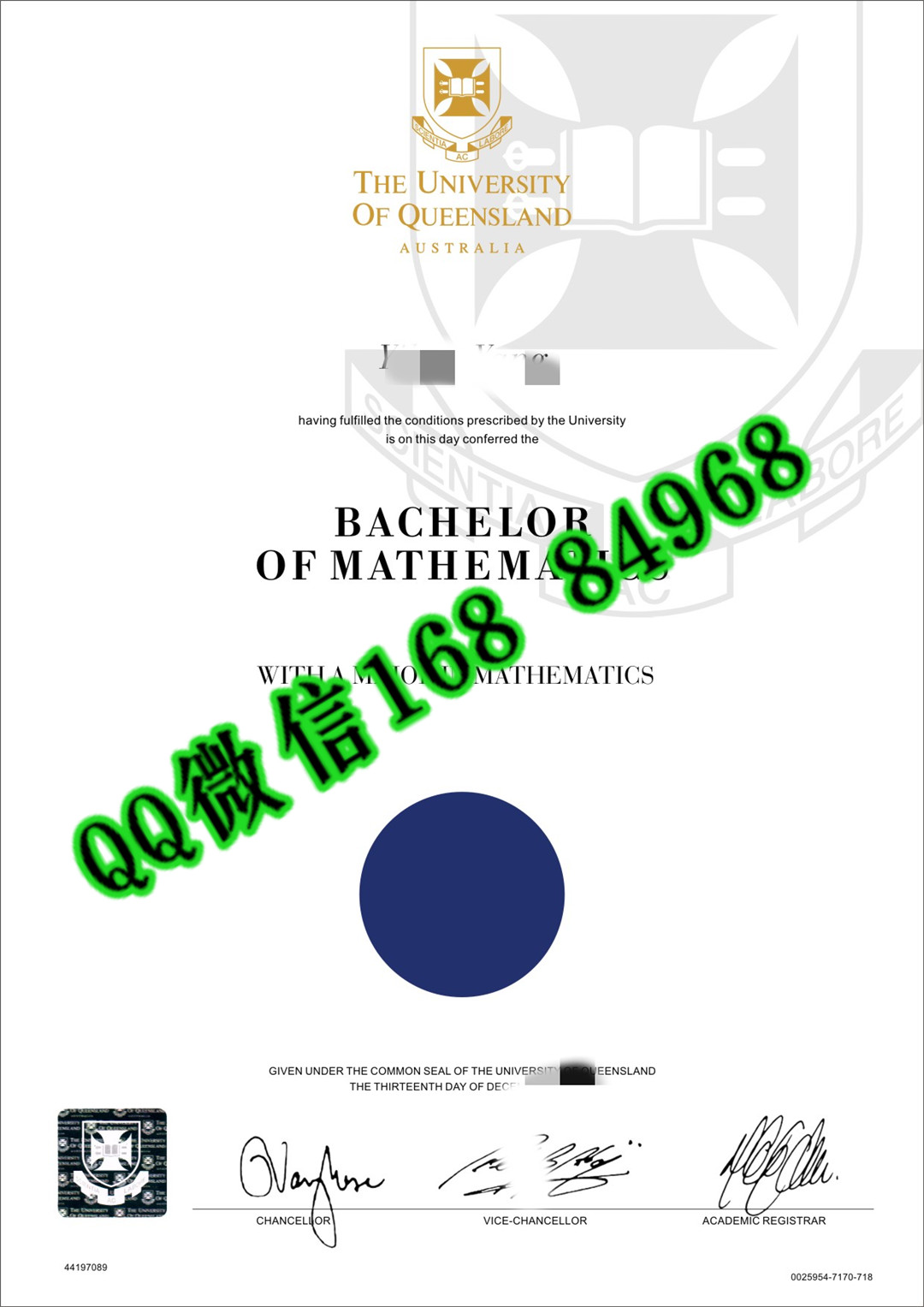 澳洲昆士兰大学数学专业本科毕业证成绩单，The University of Queensland diploma BACHELOR OF MATHEMATICS