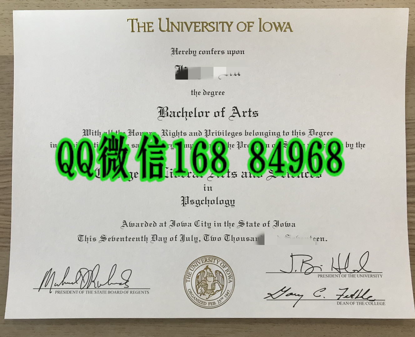 美国爱荷华大学毕业证成绩单，University Of Iowa diploma certificate