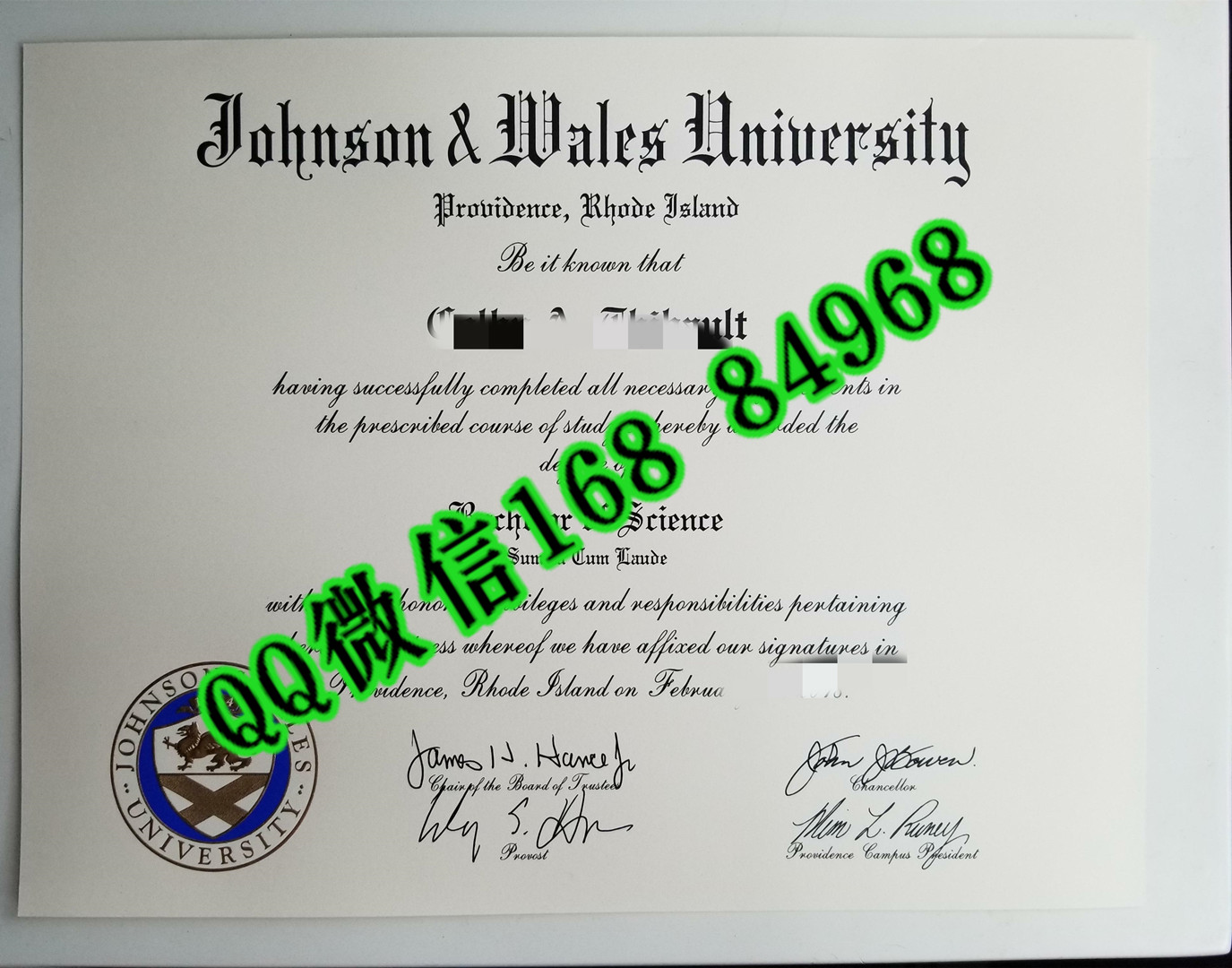 美国约翰逊威尔士大学毕业证成绩单，Johnson & Wales University diploma certificate