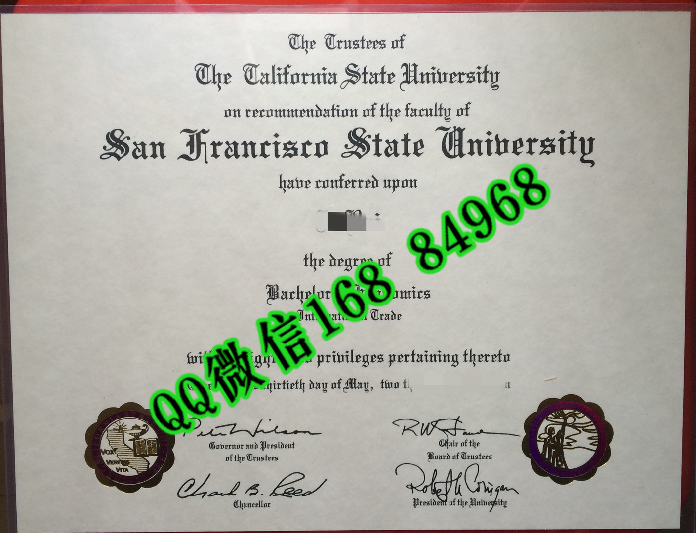 美国旧金山州立大学文凭证书样本，美国旧金山州立大学成绩单