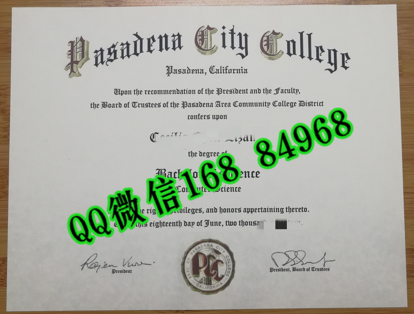 制作美国帕萨迪纳城市学院毕业证成绩单，Pasadena City College diploma certificate