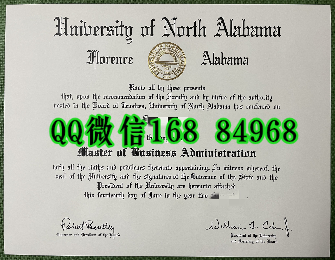 美国北阿拉巴马大学毕业证文凭模版，University of North Alabama diploma degree