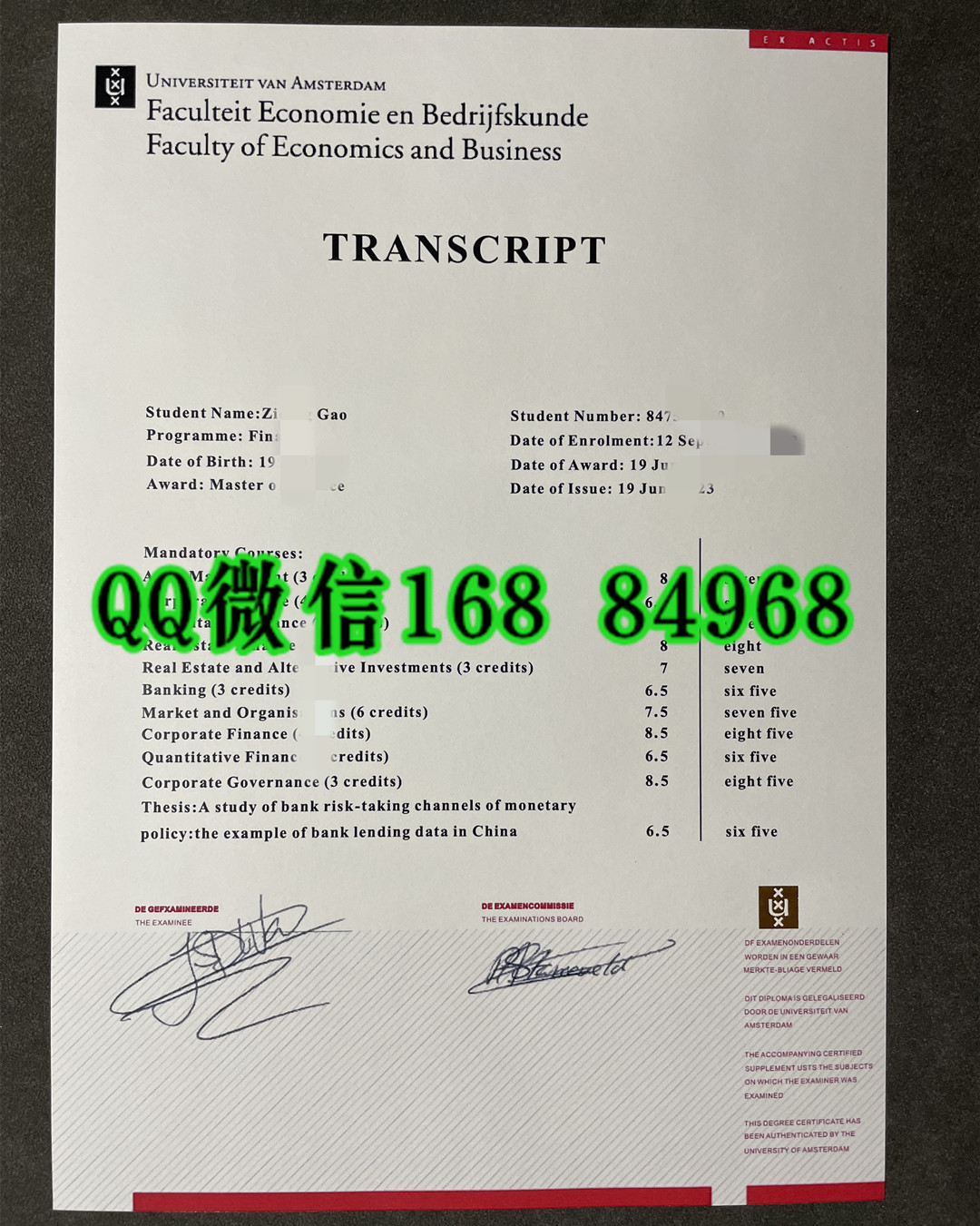 阿姆斯特丹大学universiteit van amsterdam成绩单，University of Amsterdam transcript