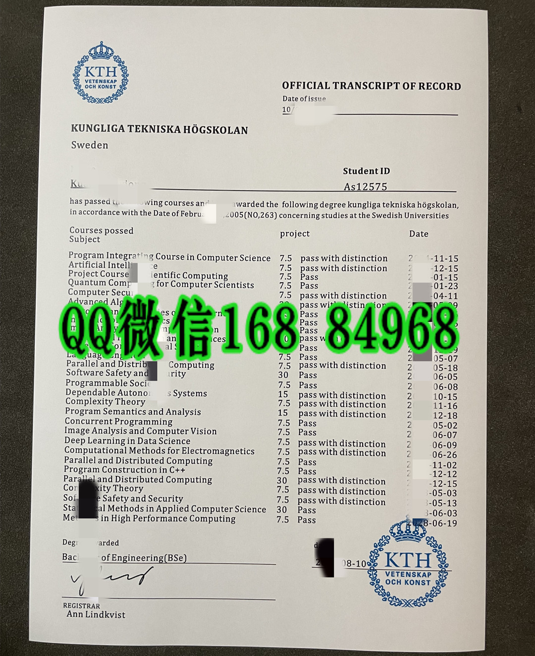 瑞典皇家理工学院成绩单，KTH Royal Institute of Technology transcript