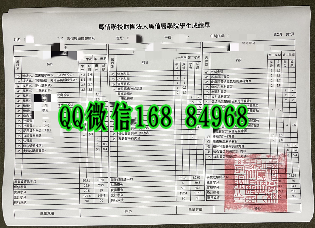 台湾马偕医学院成绩单，台湾新北市马偕医学院成绩单