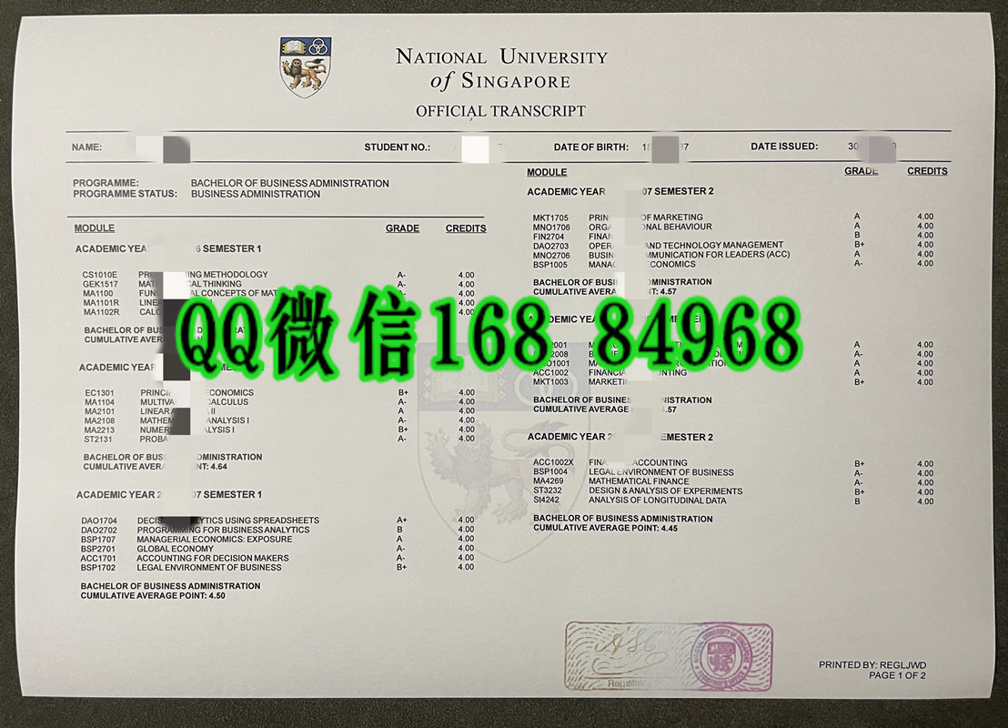 新加坡国立大学成绩单，National University of Singapore transcript
