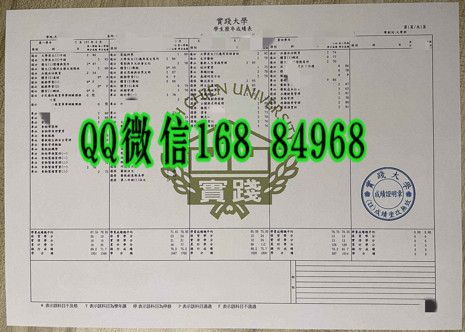 台湾实践大学成绩单，Shih Chien University transcript