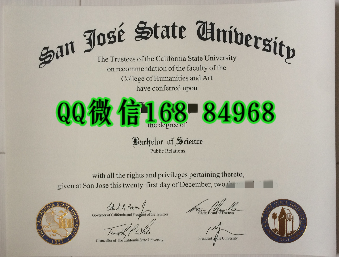 定制美国圣何塞州立大学毕业证，San Jose State University diploma