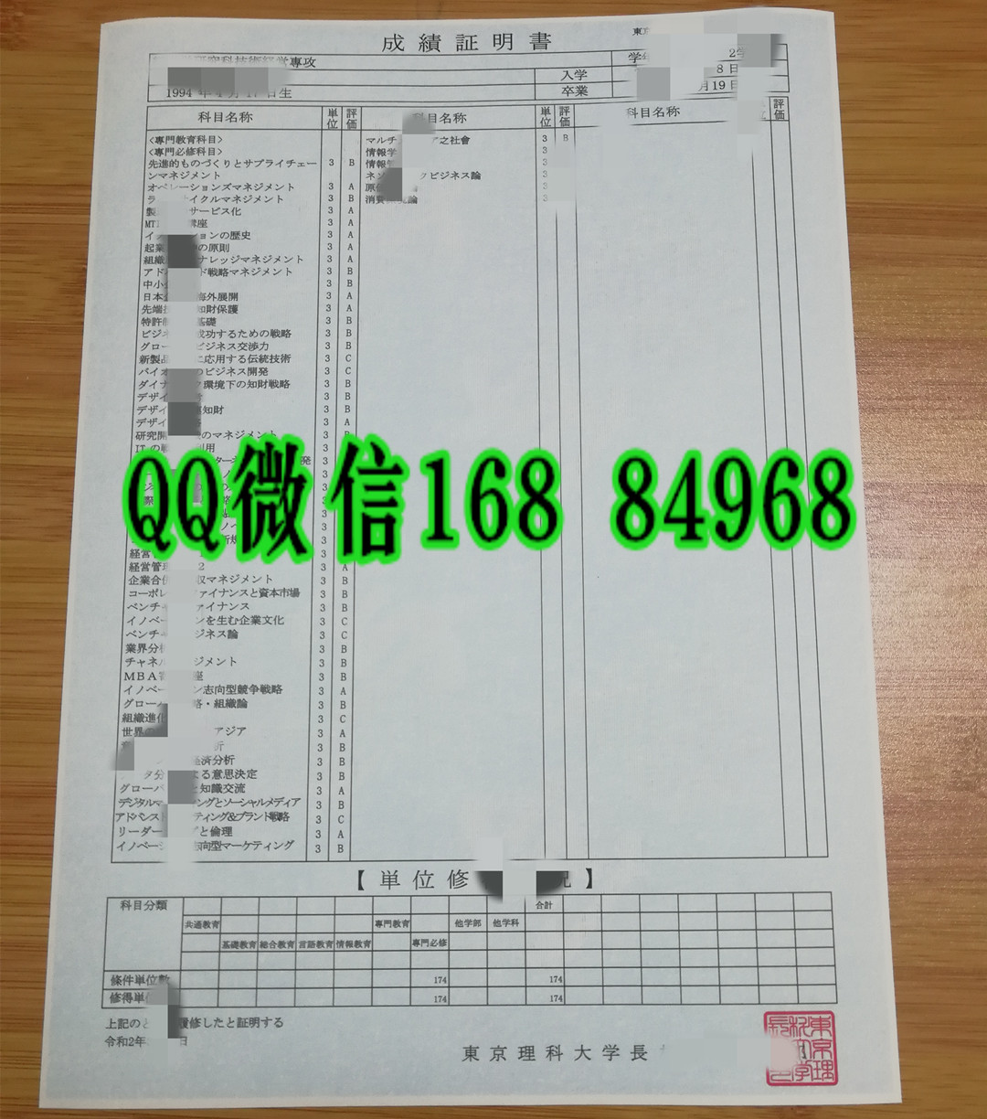 东京理科大学成绩单样本，东京理科大学成绩单制作