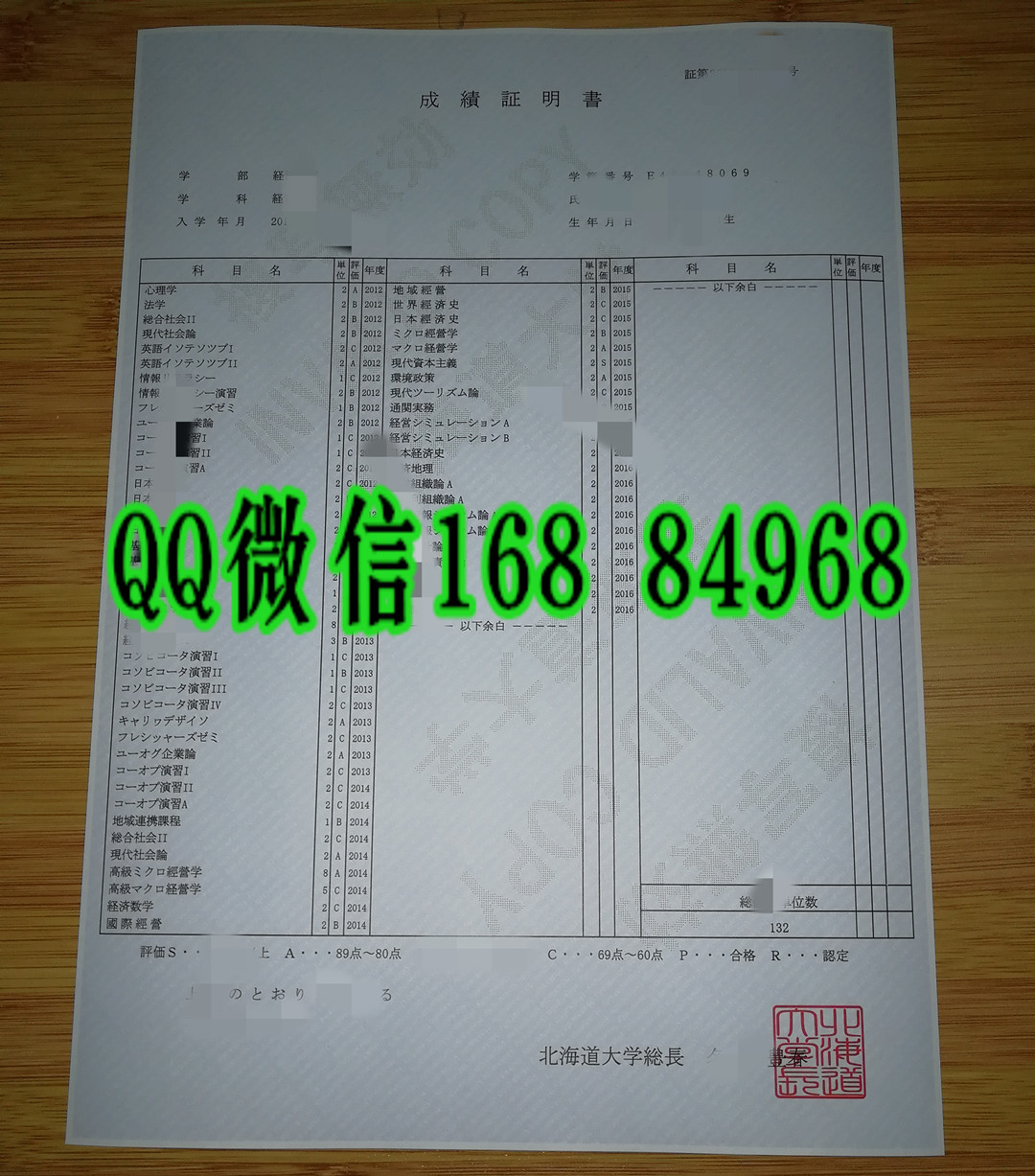日本北海道大学成绩单印刷，Hokkaido University transcript