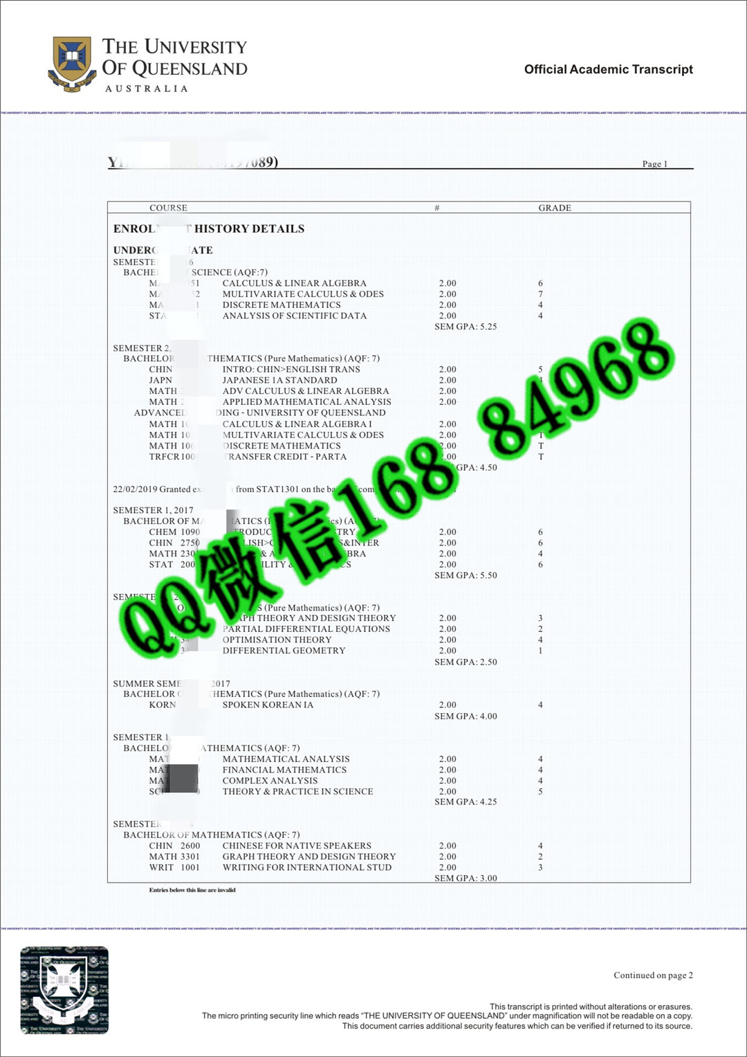 澳洲昆士兰大学硕士成绩单,University of Queensland transcript