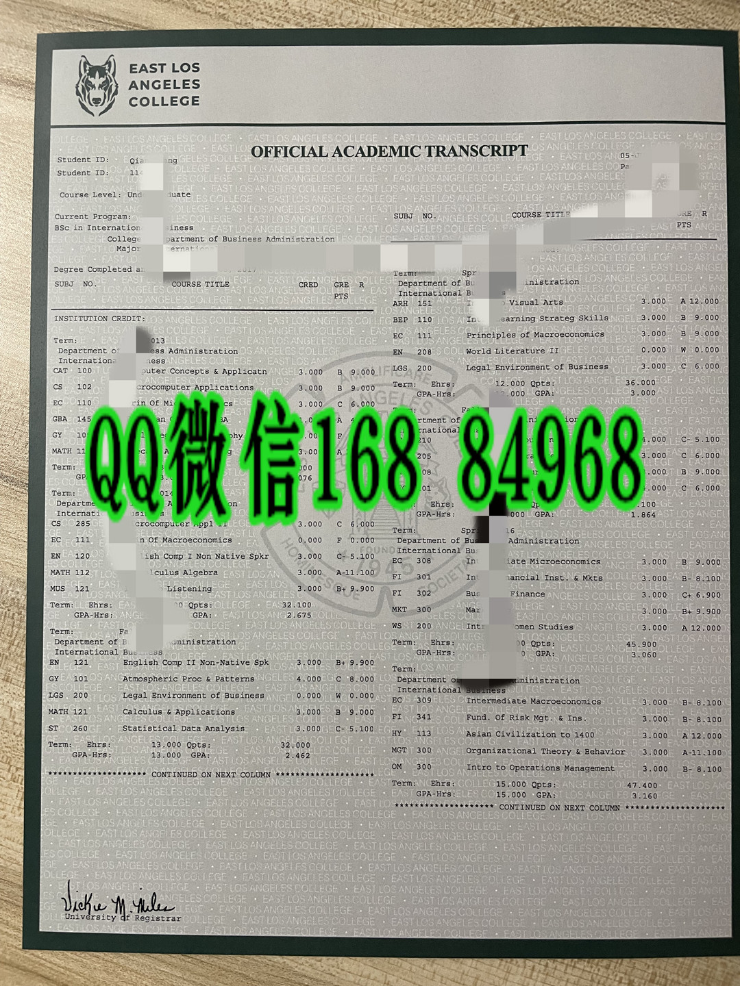 美国东洛杉矶学院成绩单模版，East Los Angeles College transcript