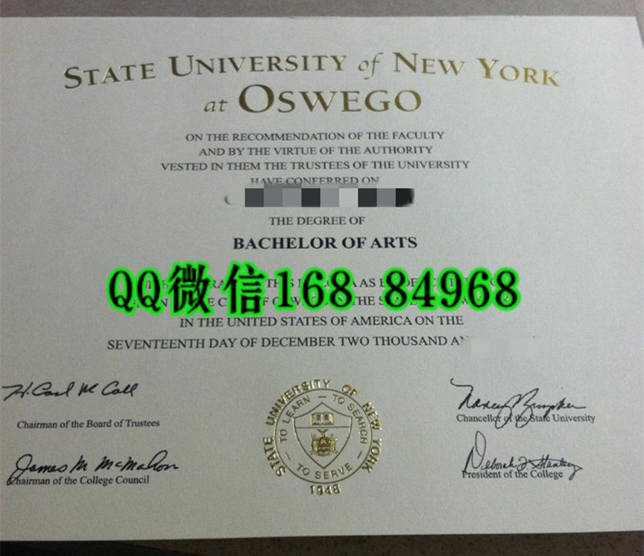 美国纽约州立大学奥斯威戈分校毕业证书实拍，State University of New York at Oswego diploma degree