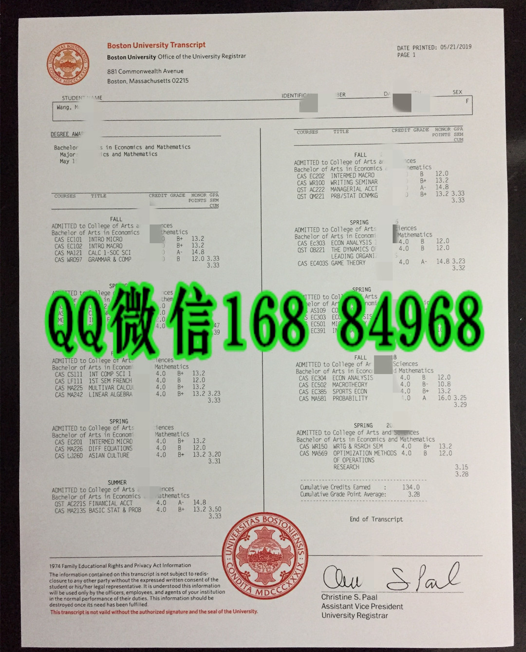 美国波士顿大学成绩单范例，美国大学成绩单修改GPA