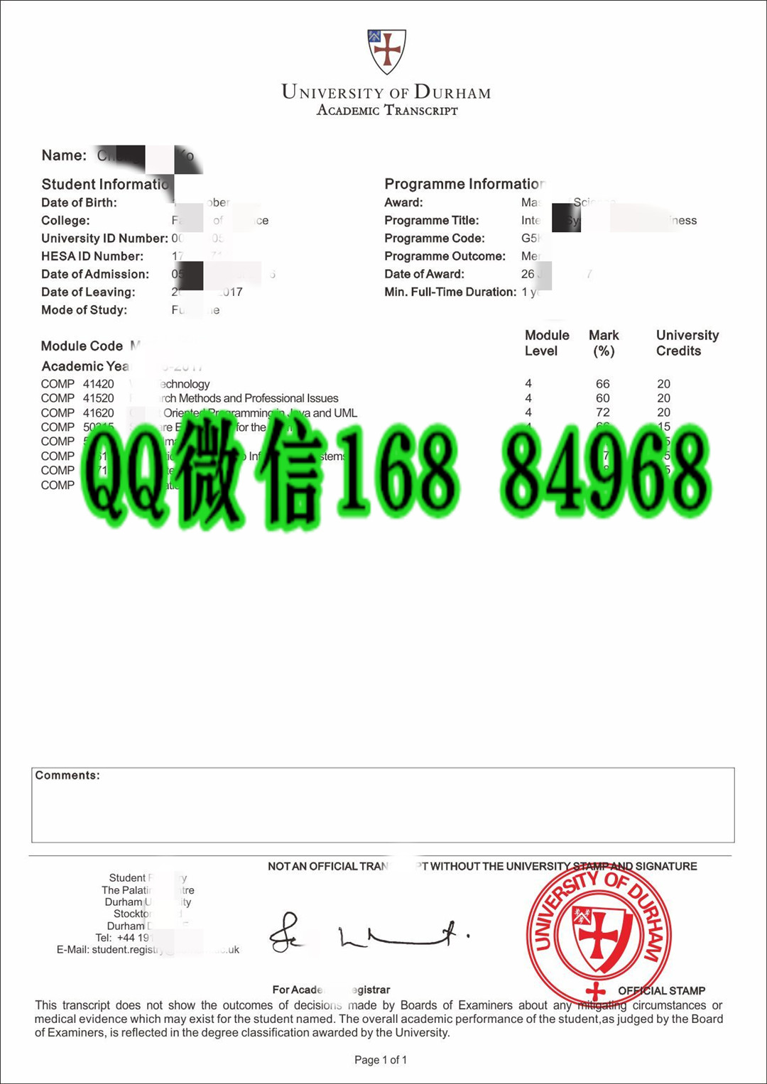 英国杜伦大学成绩单样本，英国大学成绩单模版