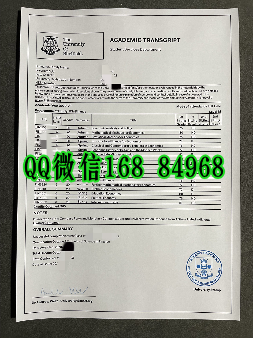 英国谢菲尔德大学成绩单模版_University of Sheffield transcript