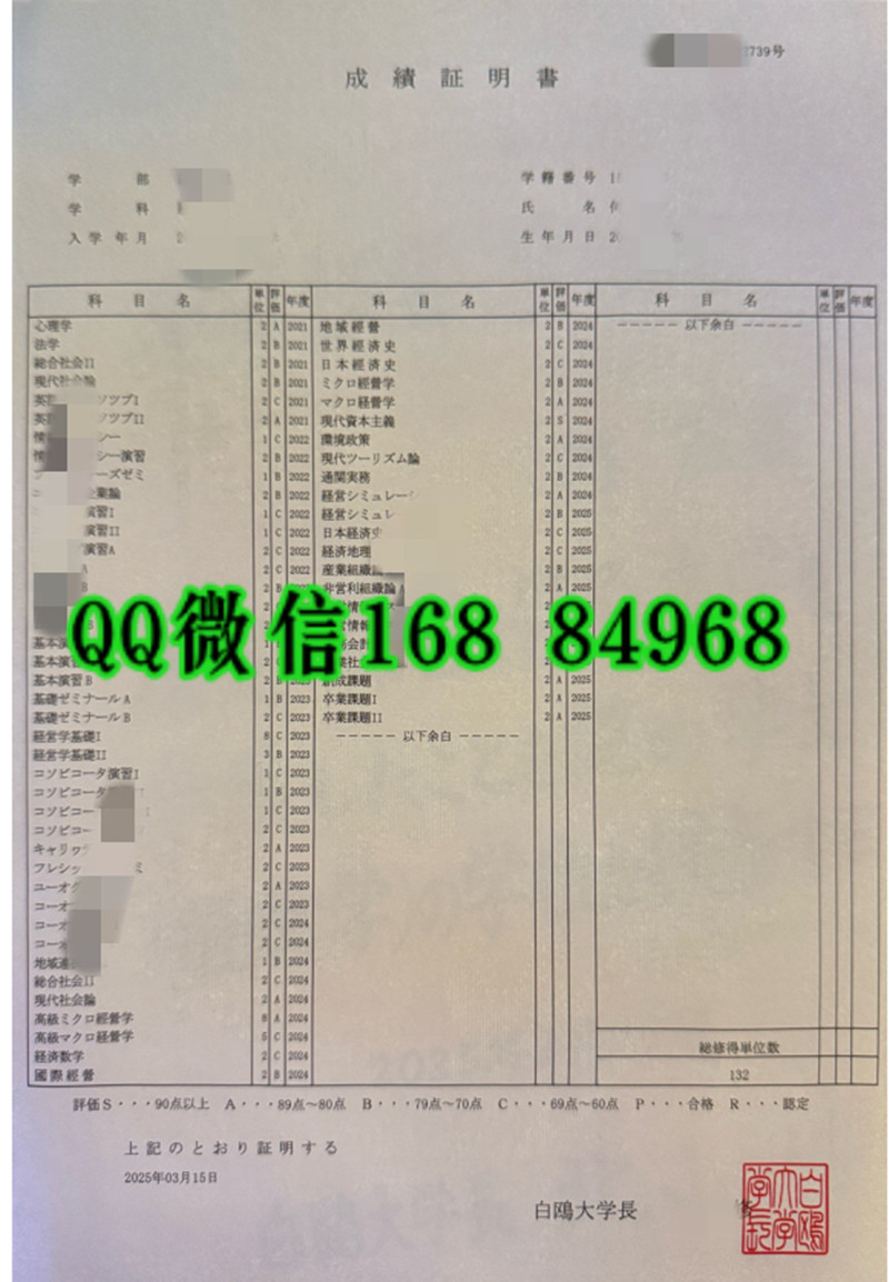 日本白鸥大学成绩单，日本白鸥大学成绩单证明书HAKUOH UNIVERSITY transcript