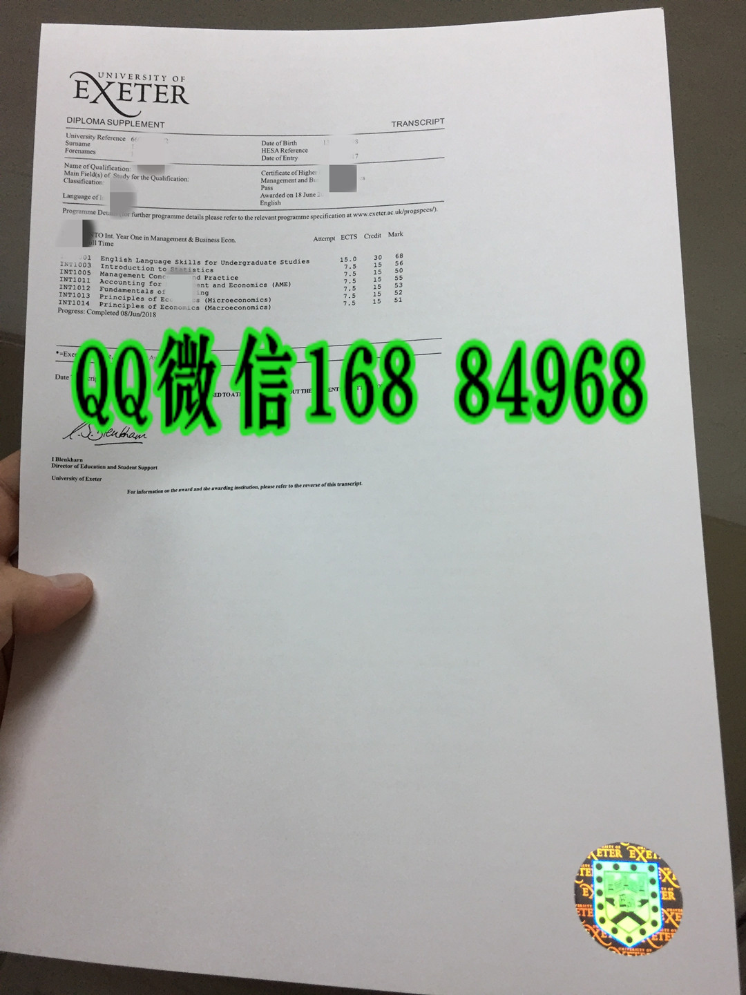 英国埃克塞特大学成绩单实拍，The University of Exeter transcript