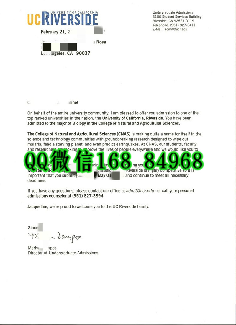 美国加州大学河滨分校University of California, Riverside录取通知书