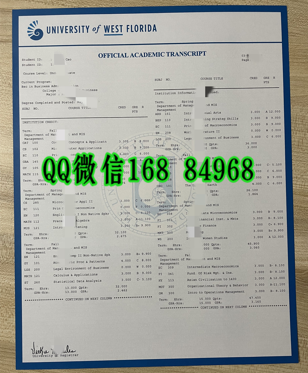美国西佛罗里达大学成绩单，University of West Florida transcript