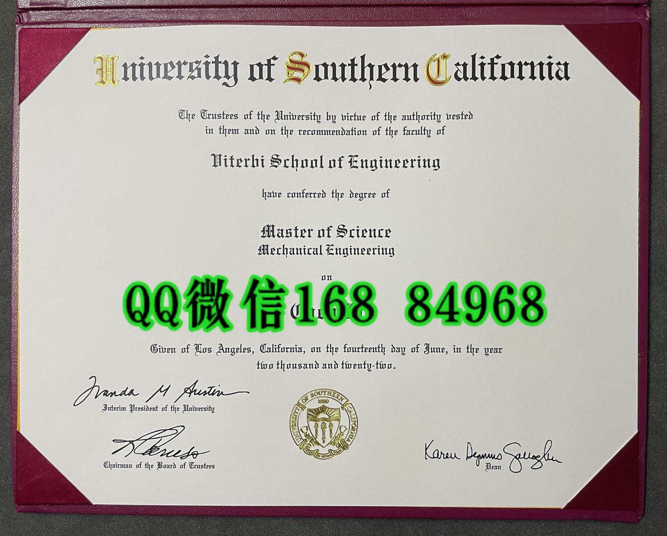 美国USC大学毕业证，南加州大学学位文凭，University of Southern California diploma