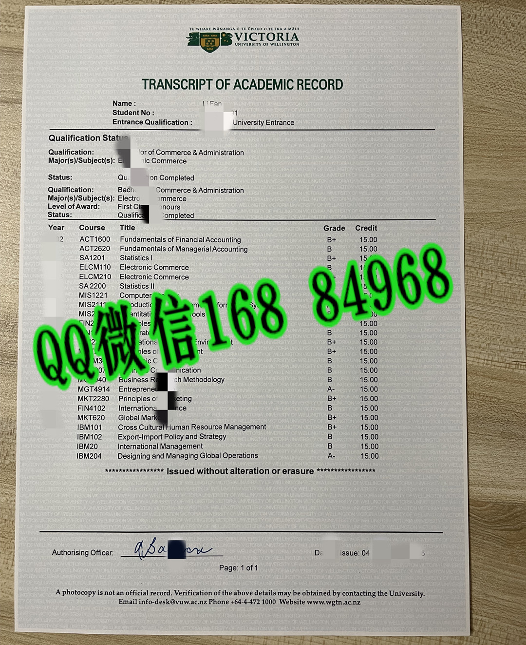 新西兰惠灵顿维多利亚大学成绩单，Victoria University of Wellington transcript