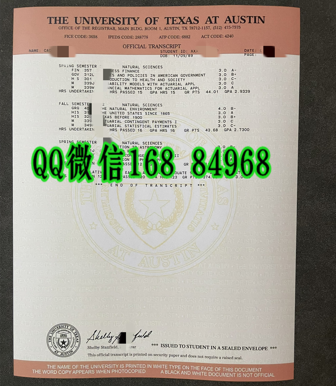 美国得克萨斯大学奥斯汀分校成绩单，University of Texas at Austin transcript