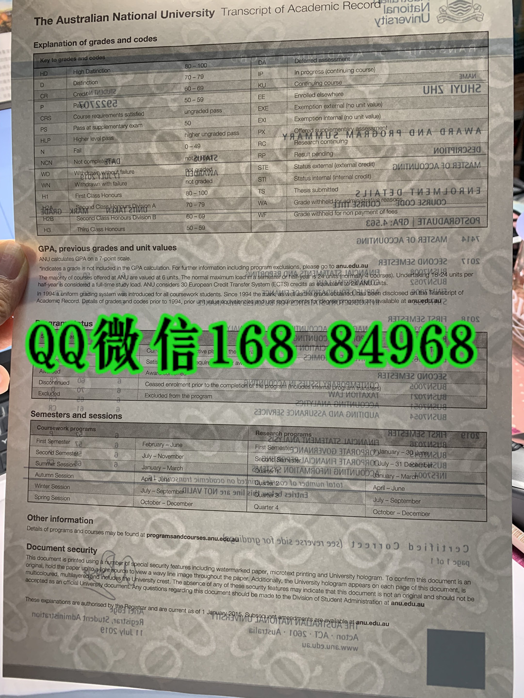 澳大利亚国立大学成绩单防伪,The Australian National University Transcript