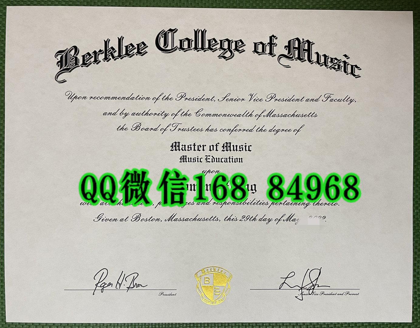 berklee college of music degree certificate伯克利音乐学院毕业证样式实拍