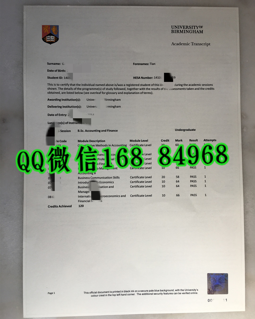 补办修改：伯明翰大学成绩单正反面印刷，University of Birmingham transcript