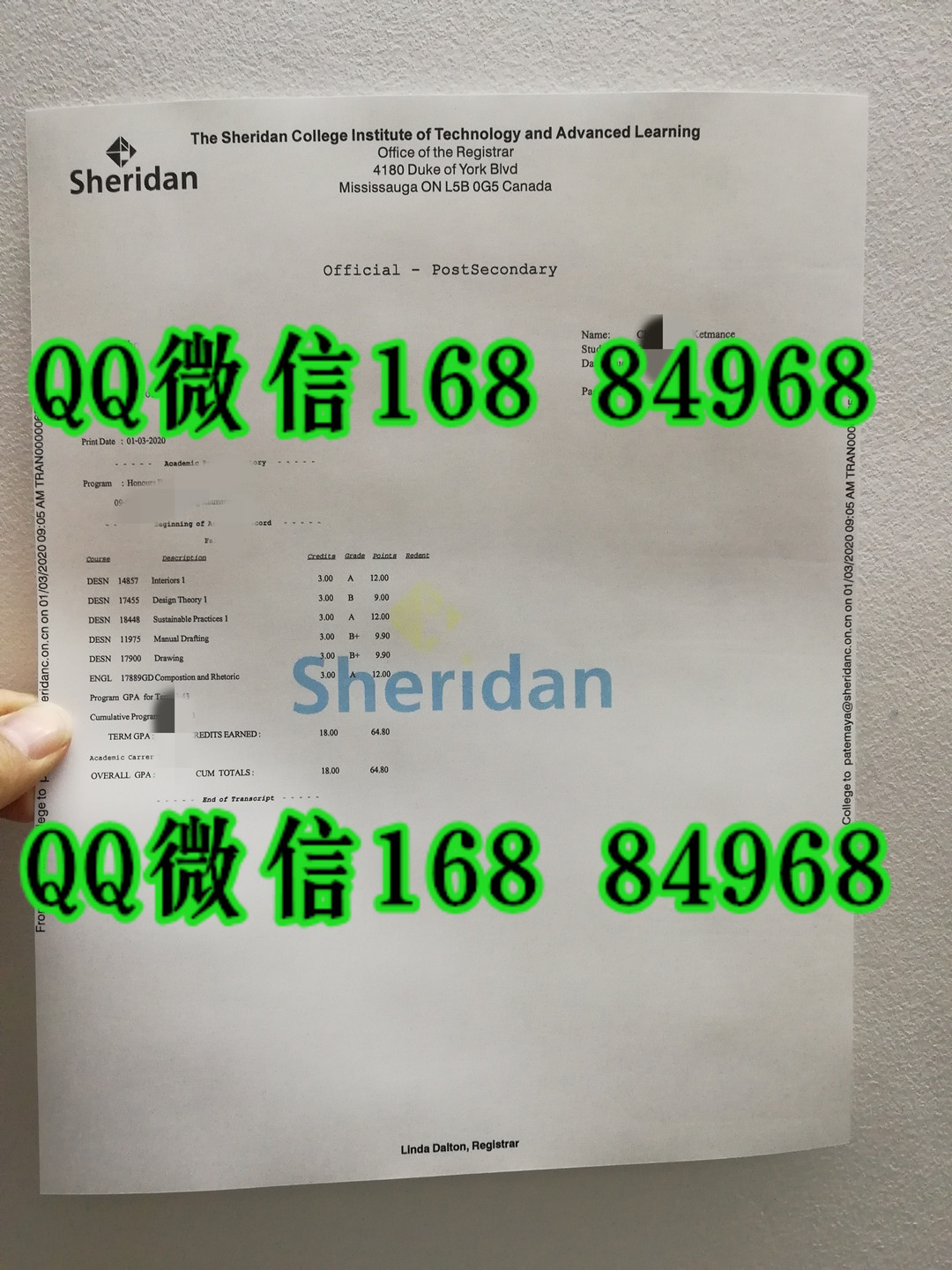 加拿大雪尔顿学院成绩单模版，Sheridan College transcript，加拿大院校成绩单印刷