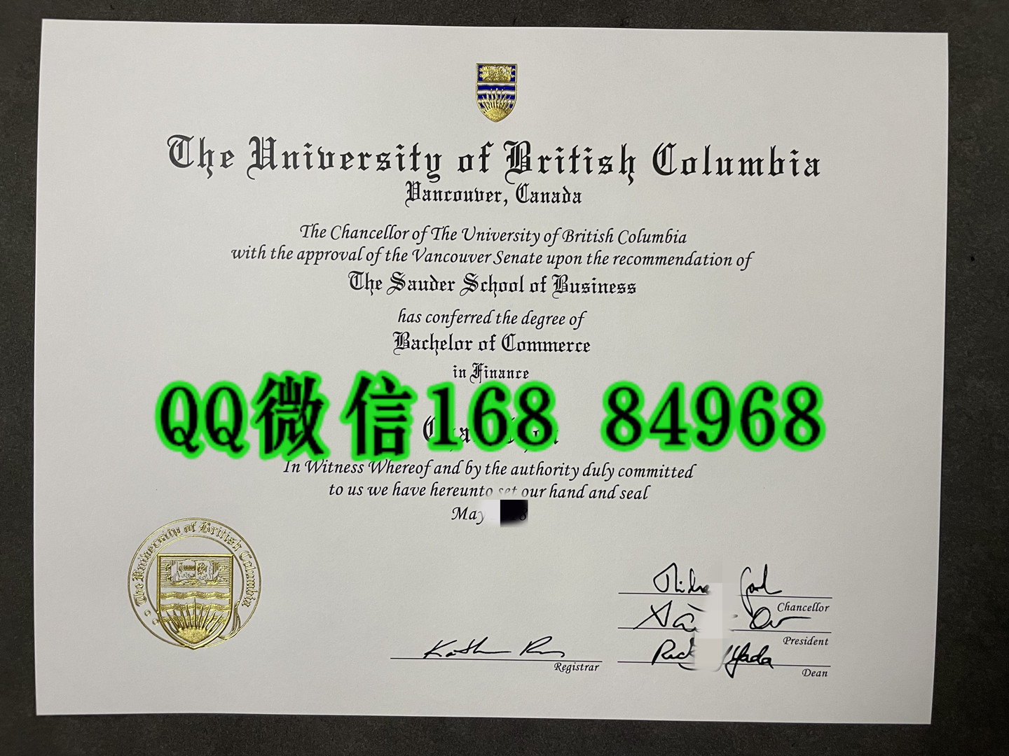 加拿大UBC大学毕业证正反面防伪实拍，加拿大英属哥伦比亚大学本科毕业证