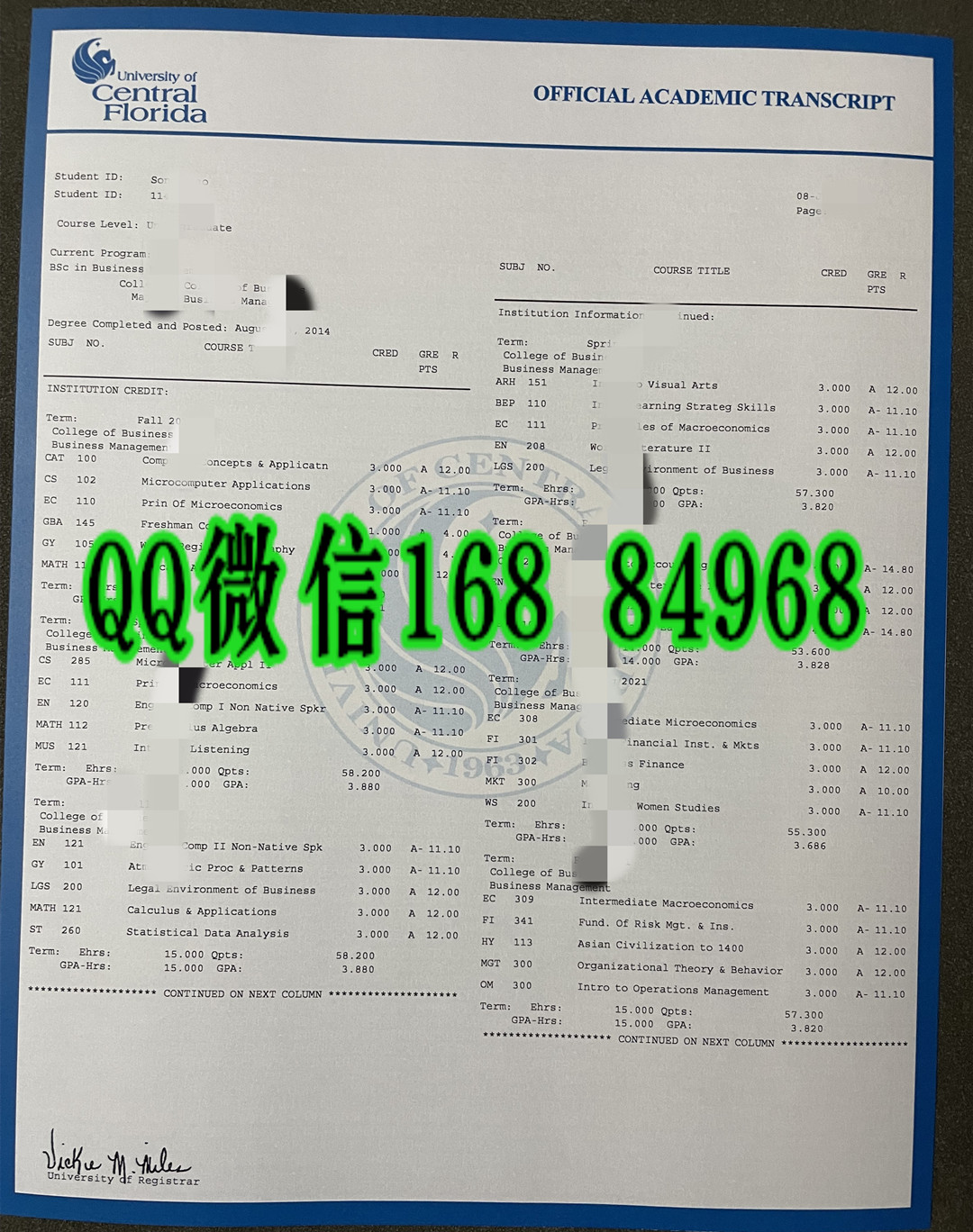 美国中佛罗里达大学成绩单，university of central florida transcript