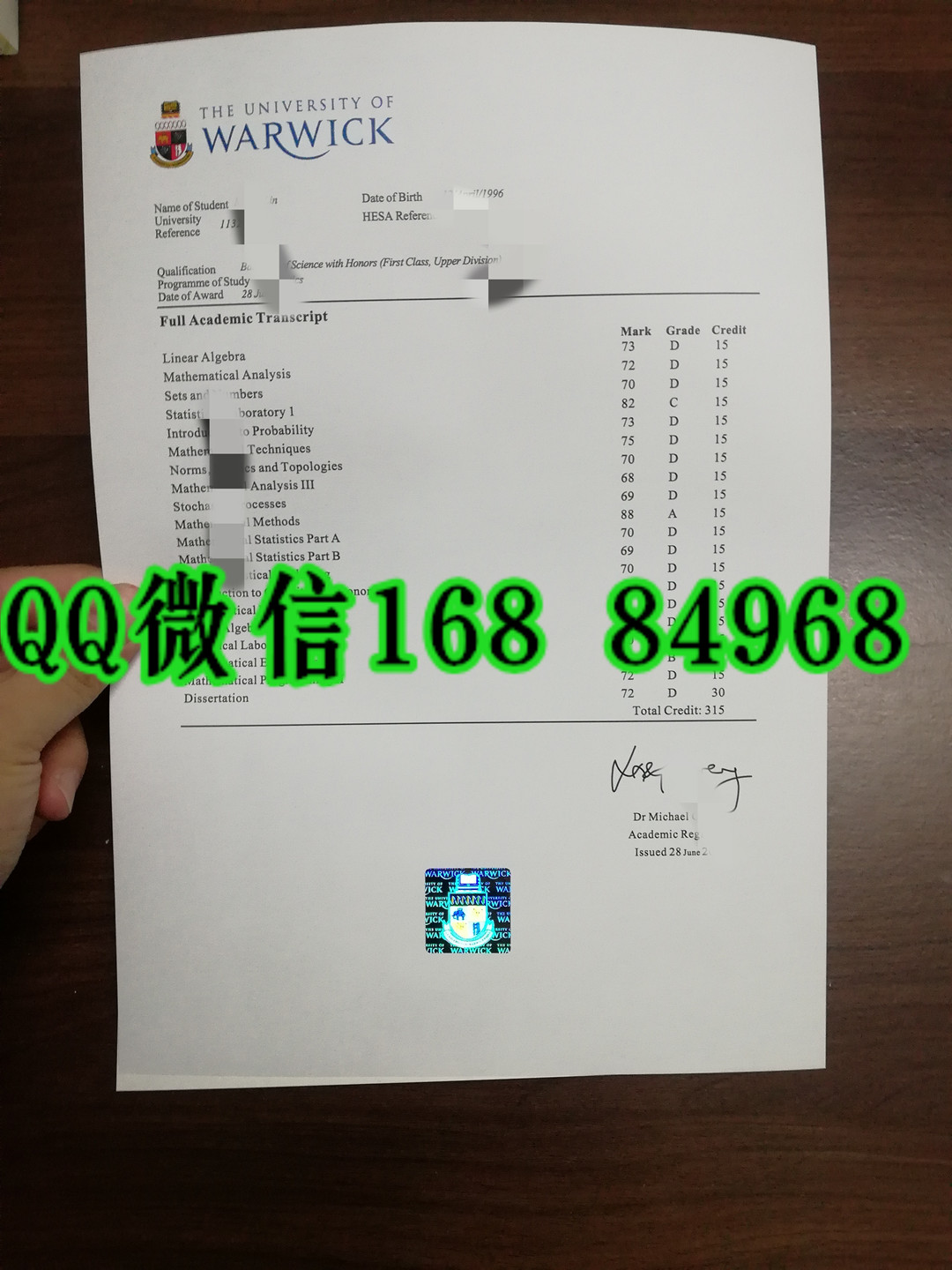 英国华威大学成绩单正反面印刷，英国大学成绩单印刷