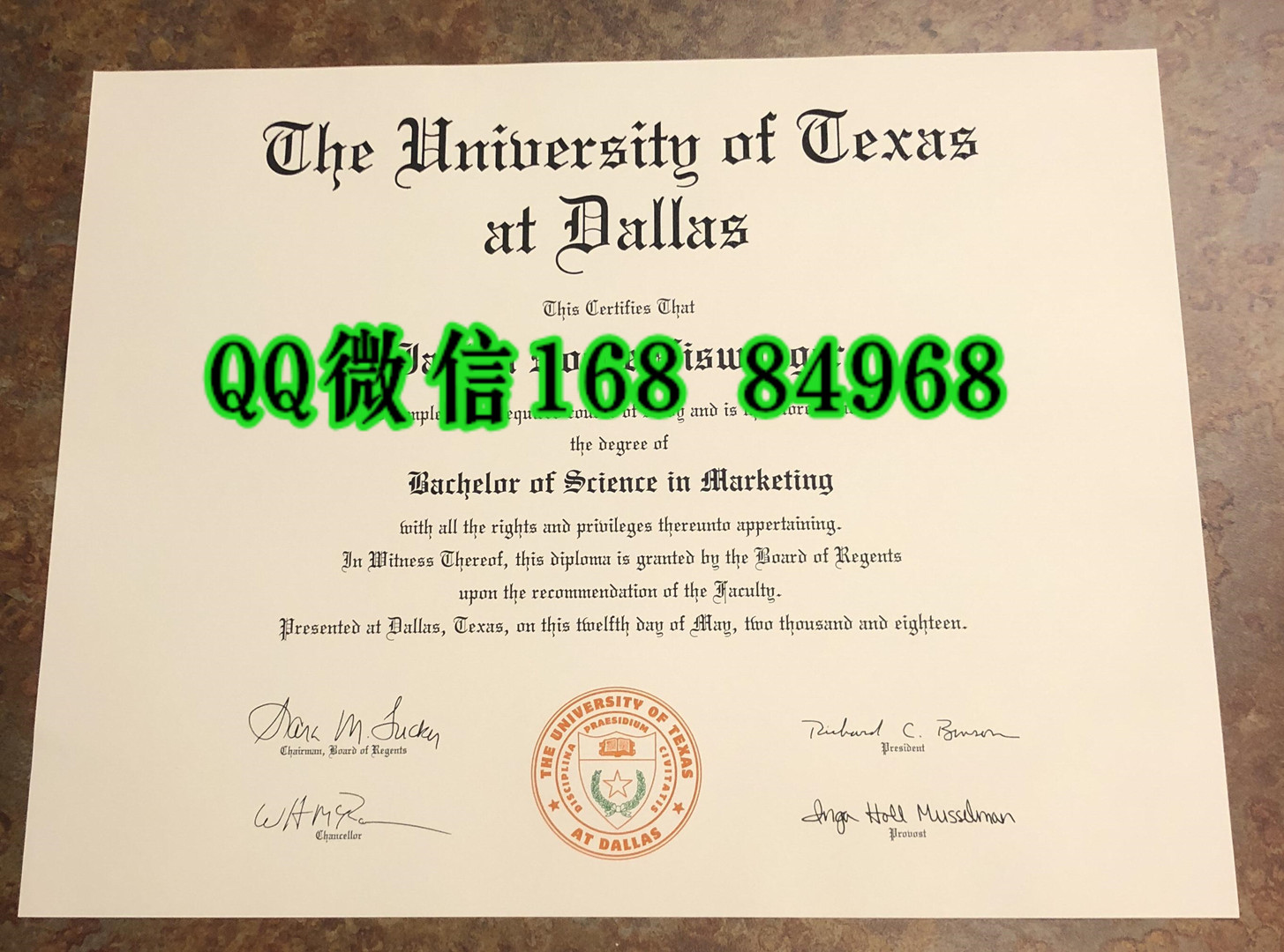 美国德克萨斯大学达拉斯分校毕业证样式，The University of Texas at Dallas diploma