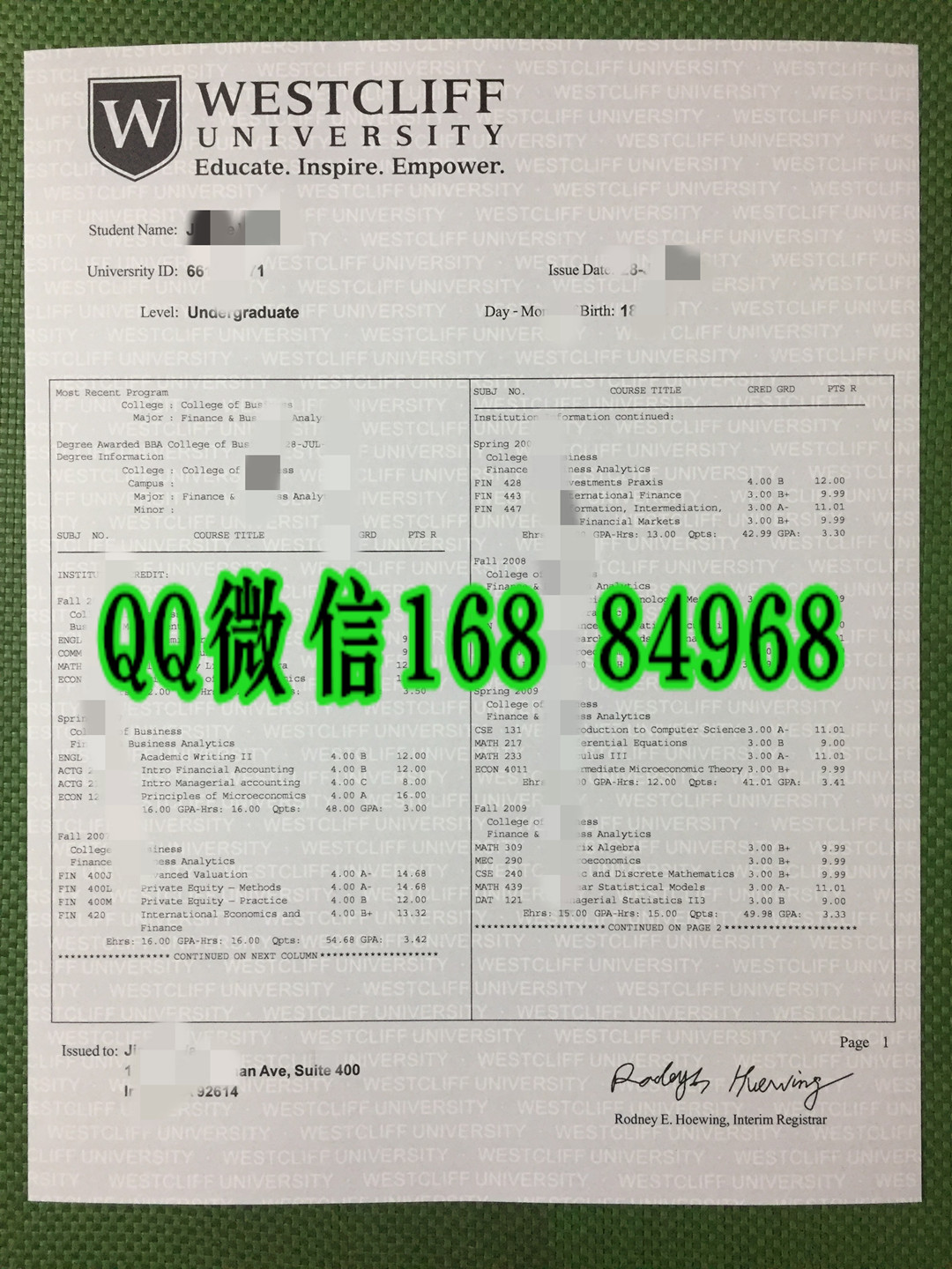 美国西崖大学成绩单修改GPA印刷，westcliff university transcript