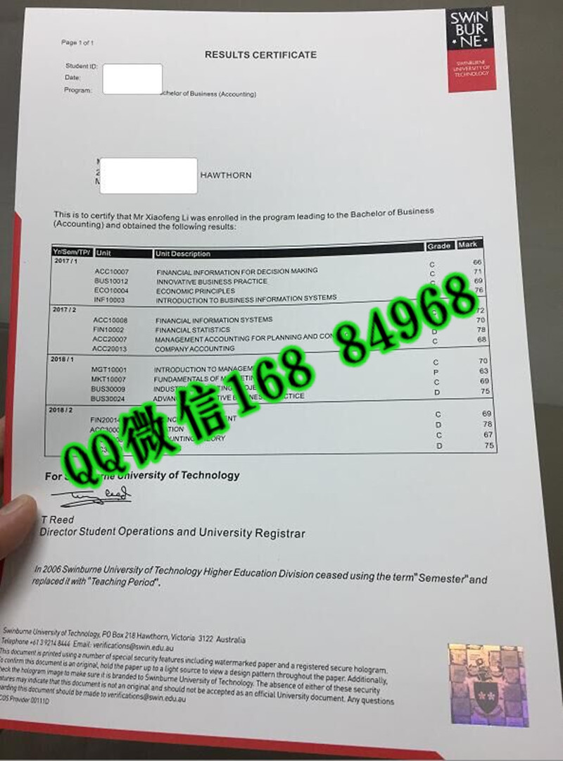 澳洲斯威本科技大学成绩单，Swinburne University of Technology transcript