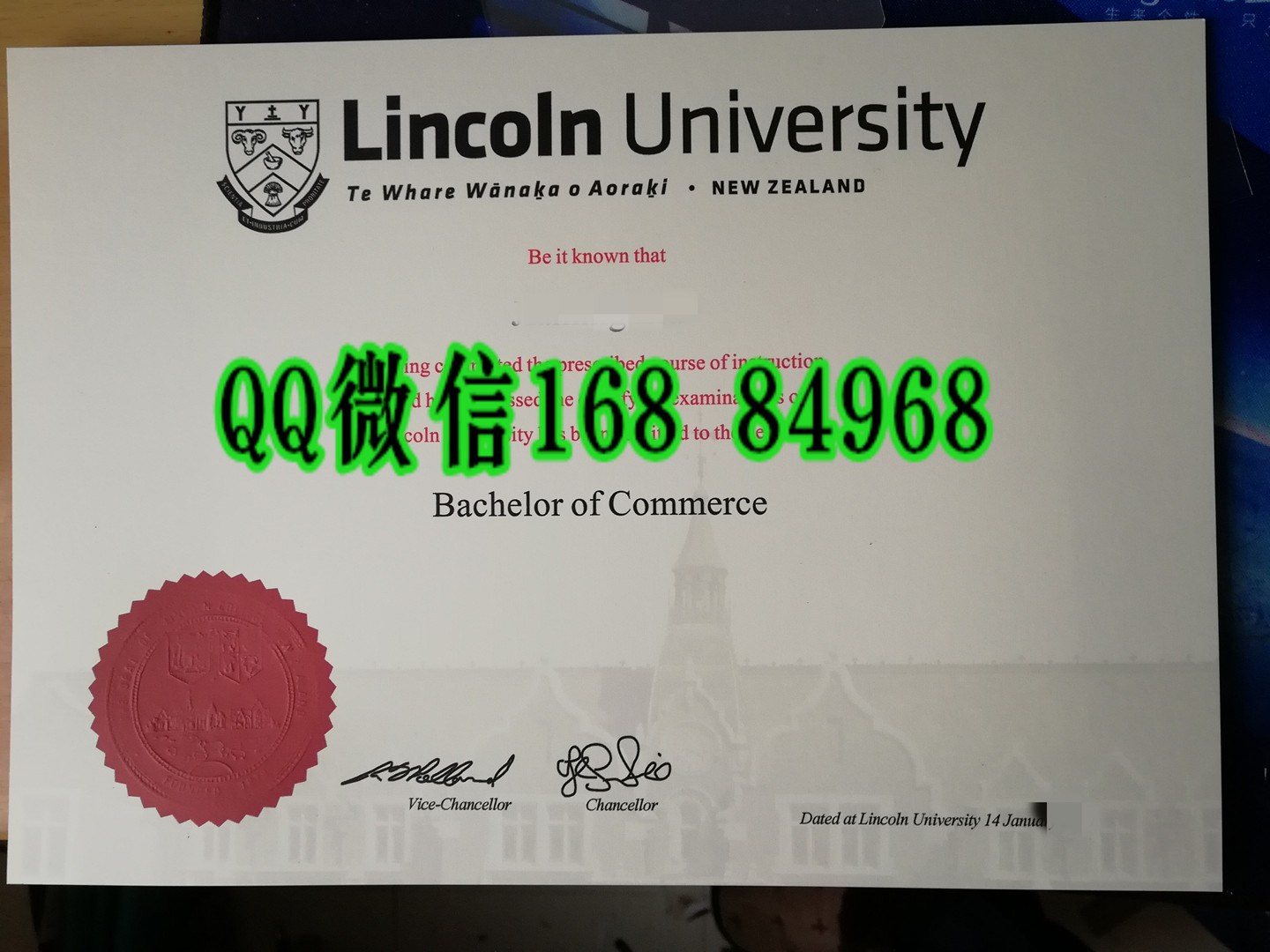 新西兰林肯大学毕业证，新西兰林肯大学文凭模版
