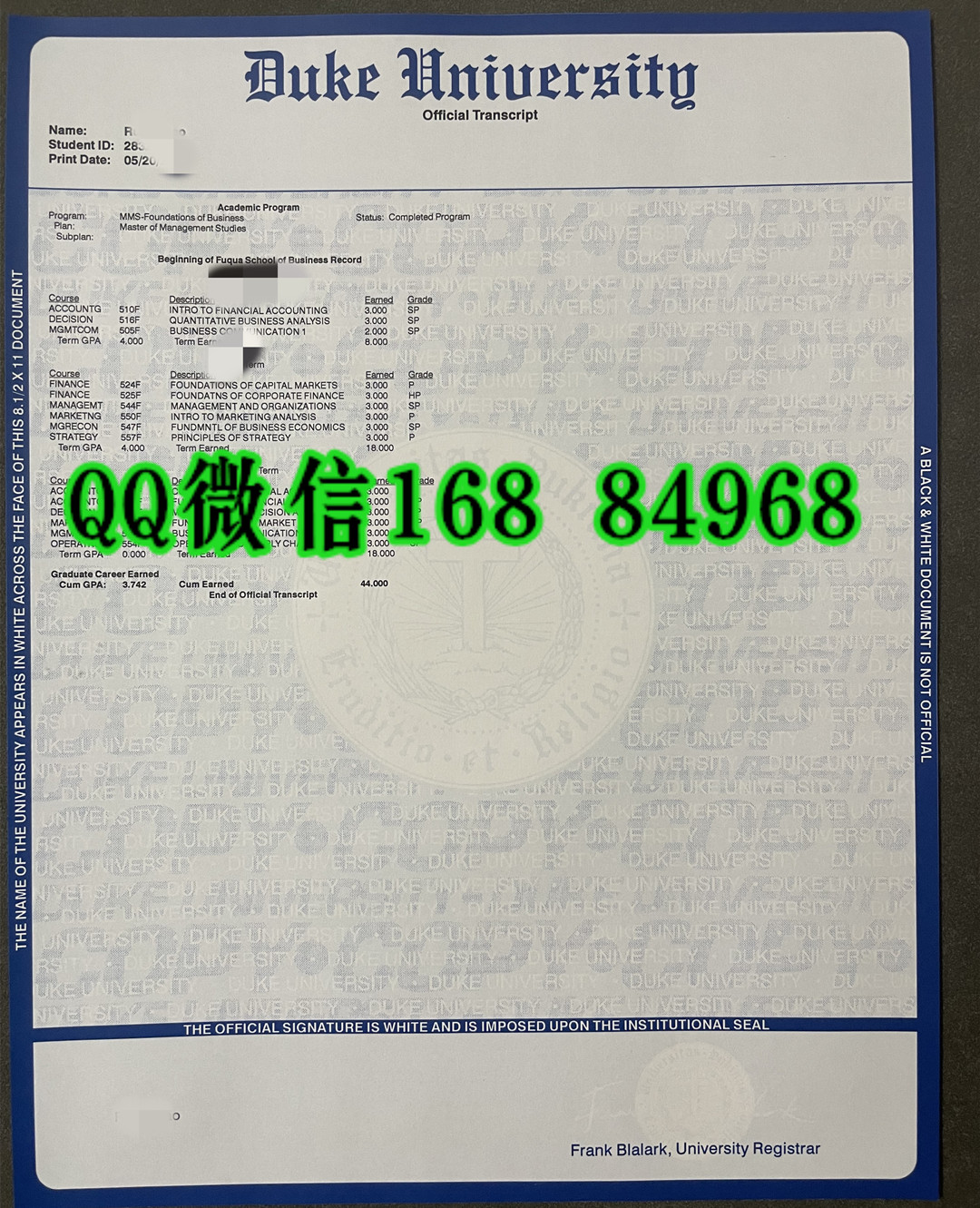定制美国杜克大学duke university成绩单，duke university transcript