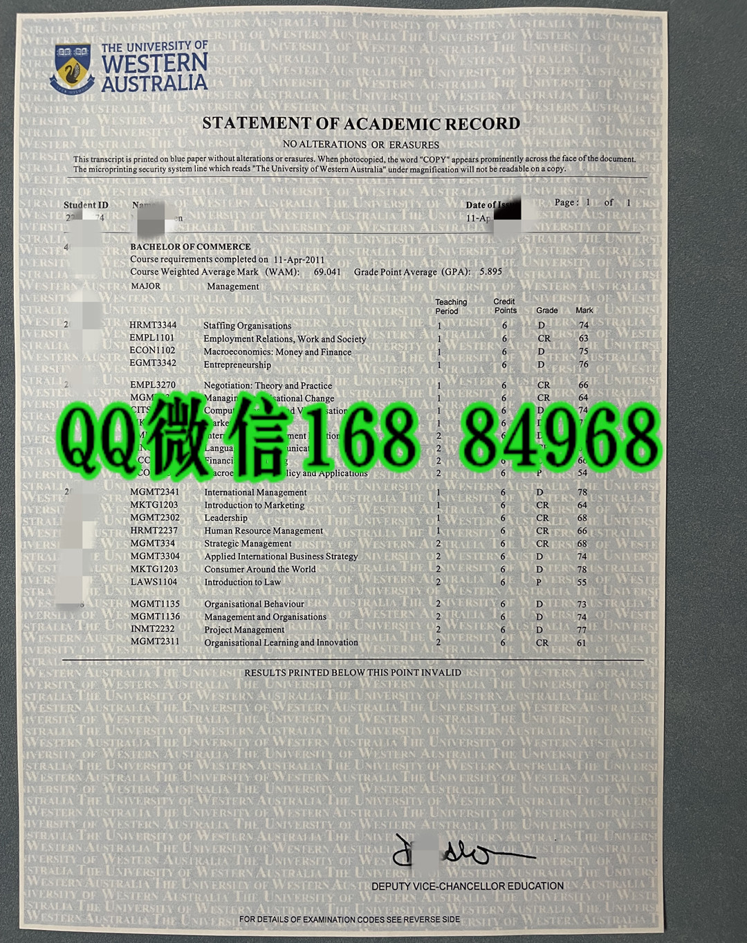 澳洲西澳大学UWA成绩单正反面，University of Western Australia transcript